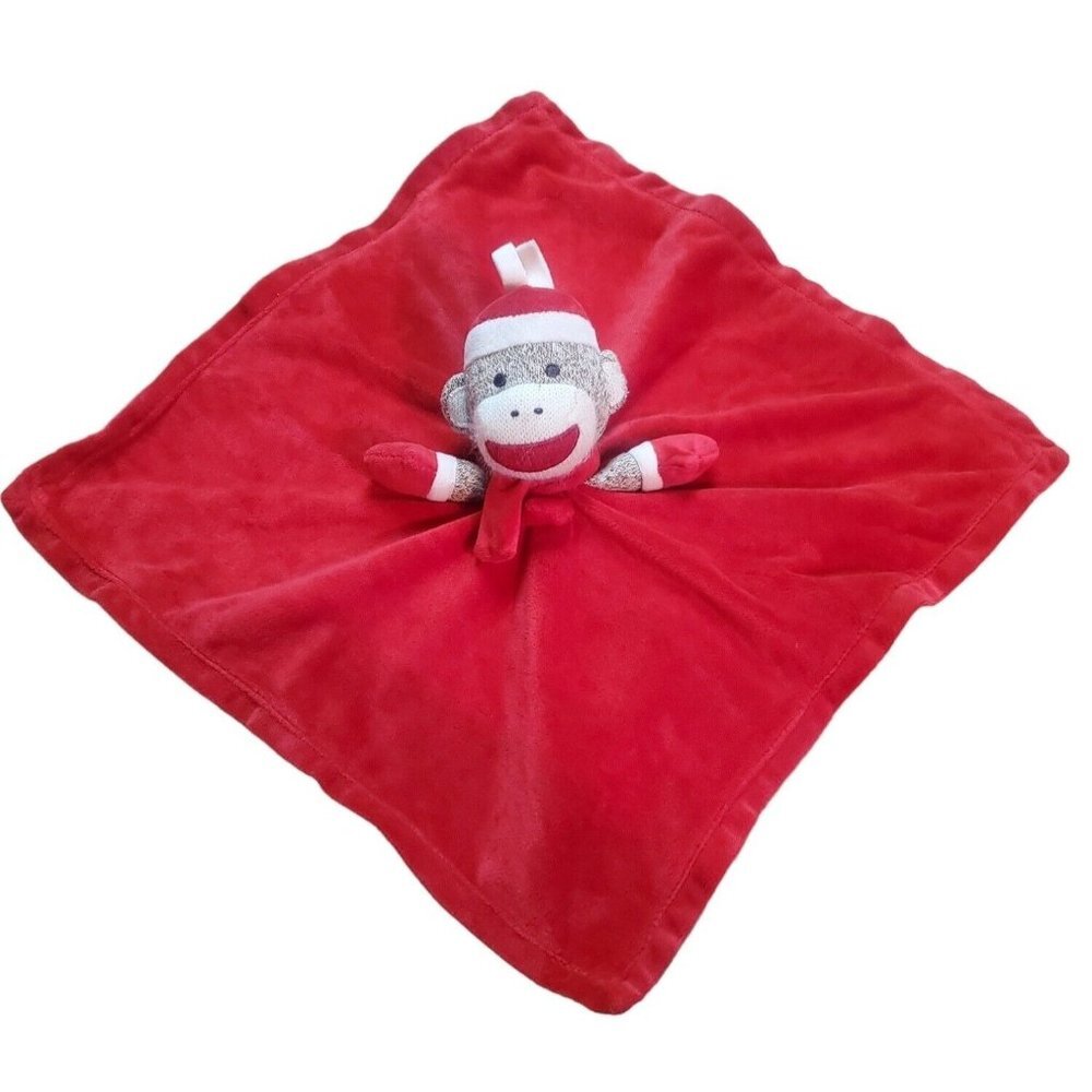 SOCK MONKEY Baby Starters Rattle Lovey Red Silk Back Security Blanket 16"